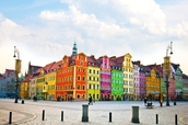 The colorful city center of Wroclaw, Poland.