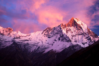 Machapuchare mountain in the Annapurna Himalayas of north central Nepal