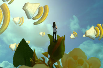 Dreamy illustration of woman listening to higher self.