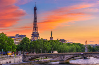 Sunset across the River Seine with the Eiffel Tower, a view enjoyed from Colette Maze’s apartment.