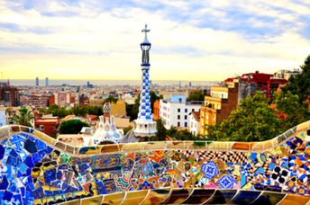 Park Guell designed by Antoni Gaudi in Barcelona in the morning sunrise