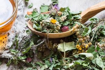 Dried herbs and flowers used to prepare herbal teas.