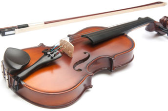 A violin and a bow on a white background.