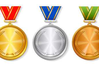 A set of gold, silver and bronze awards for the Olympics.