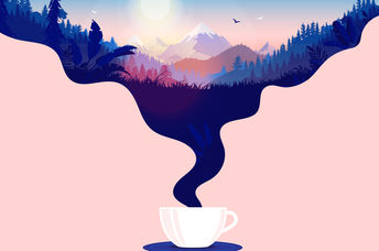 Coffee cup with steam and a beautiful sunrise in a landscape with forest, mountains and blue sky.