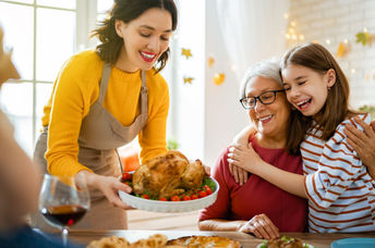 A family is seated around the table for a traditional Thanksgiving dinner.