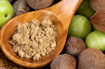 Beleric Myrobalan, Chebulic Myrobalans, Indian Gooseberry fruits and triphala powder.