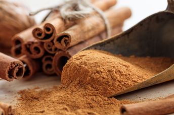 Cinnamon sticks and ground cinnamon spice.