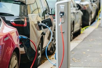 Electric cars at a charging station.