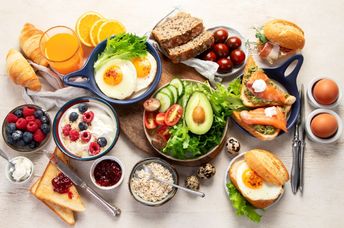 A healthy breakfast spread on a table.