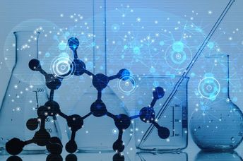 Empty laboratory glassware and chemical molecules on a lab desk.