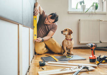 Man doing renovation work at home together with his small yellow dog