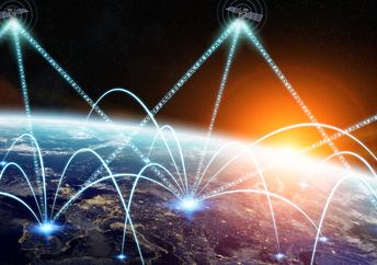 Satellites connecting to Earth from space.