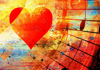 Collage with hearts and music notes, symbolizing a high frequency sound journey
