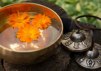 A copper singing bowl used in sound meditation.