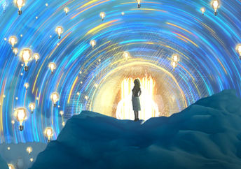 Illustration of a woman standing in a dreamlike world.