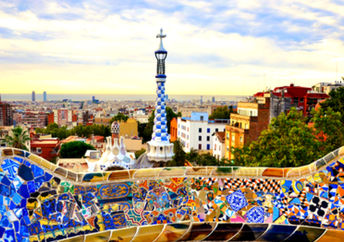 Park Guell designed by Antoni Gaudi in Barcelona in the morning sunrise