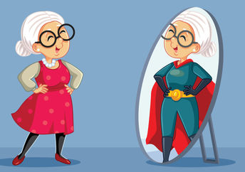 Grandma sees a super powerful superhero in her reflection.