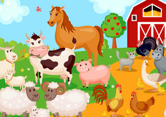 Cartoon of farm animals at ease on a farm.