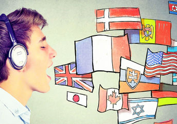 A young man speaking many languages, represented by flags of countries.