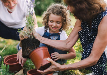 Happy kid and her grandparents working in the garden.