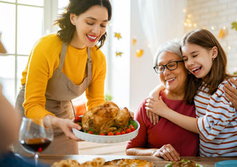 A family is seated around the table for a traditional Thanksgiving dinner.