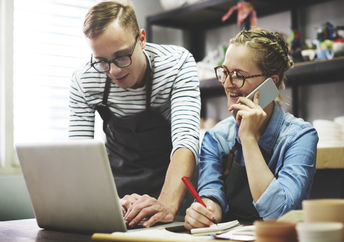 Using a laptop at work.