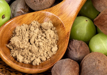 Beleric Myrobalan, Chebulic Myrobalans, Indian Gooseberry fruits and triphala powder.