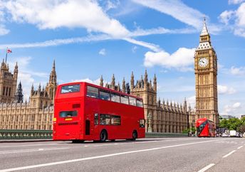 An iconic double-decker bus in London, England.