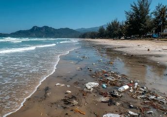 A polluted beach with scattered plastic trash.