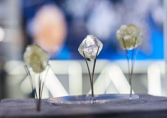 Close-up of rough diamonds displayed on metal stands.