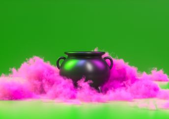 A cauldron with pink smoke.