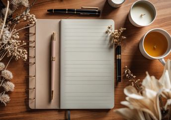 A desk with a book for writing.