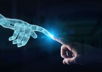 Wireframed robot hand making contact with human hand, depicting AI innovation.