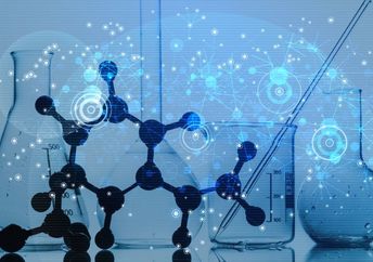 Empty laboratory glassware and chemical molecules on a lab desk.