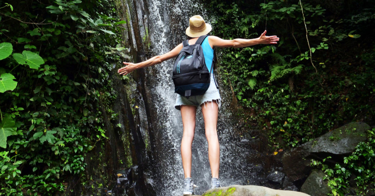 person walking in a green forest