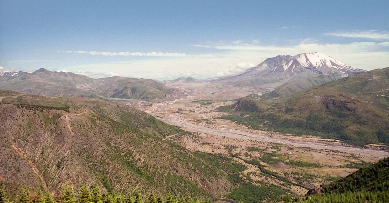 Mount St. Helens lit by setting sun, 1997
