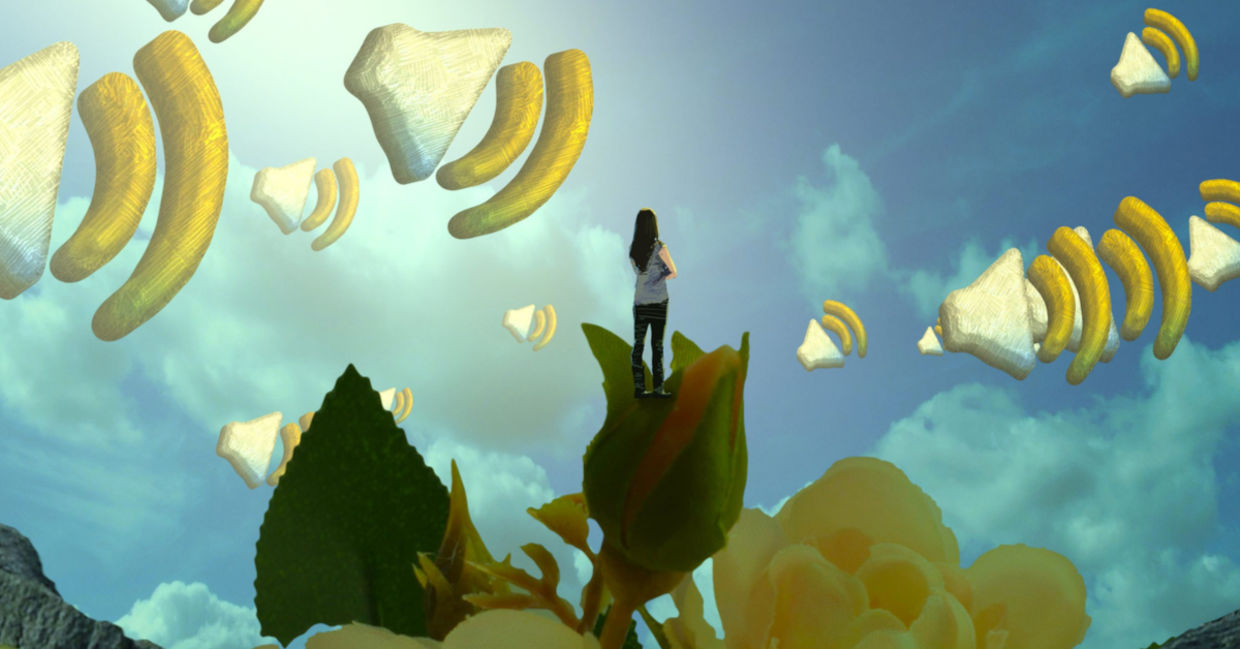 Dreamy illustration of woman listening to higher self.