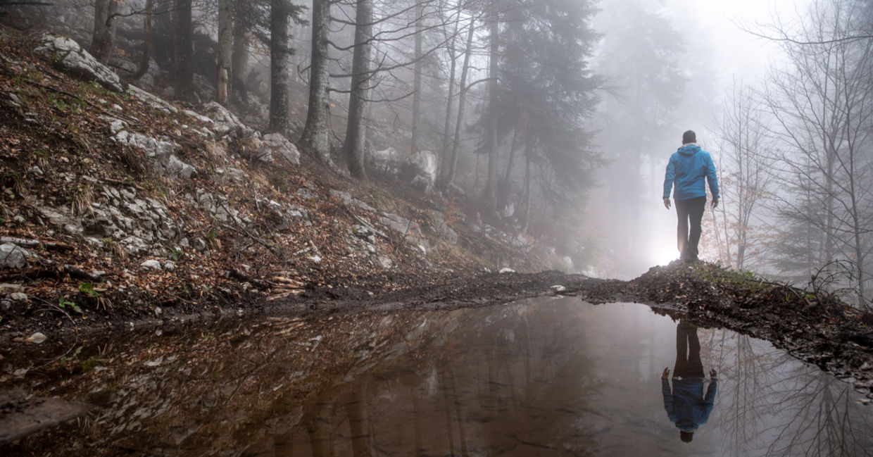 A man walking in a forest may connect with his intuition.