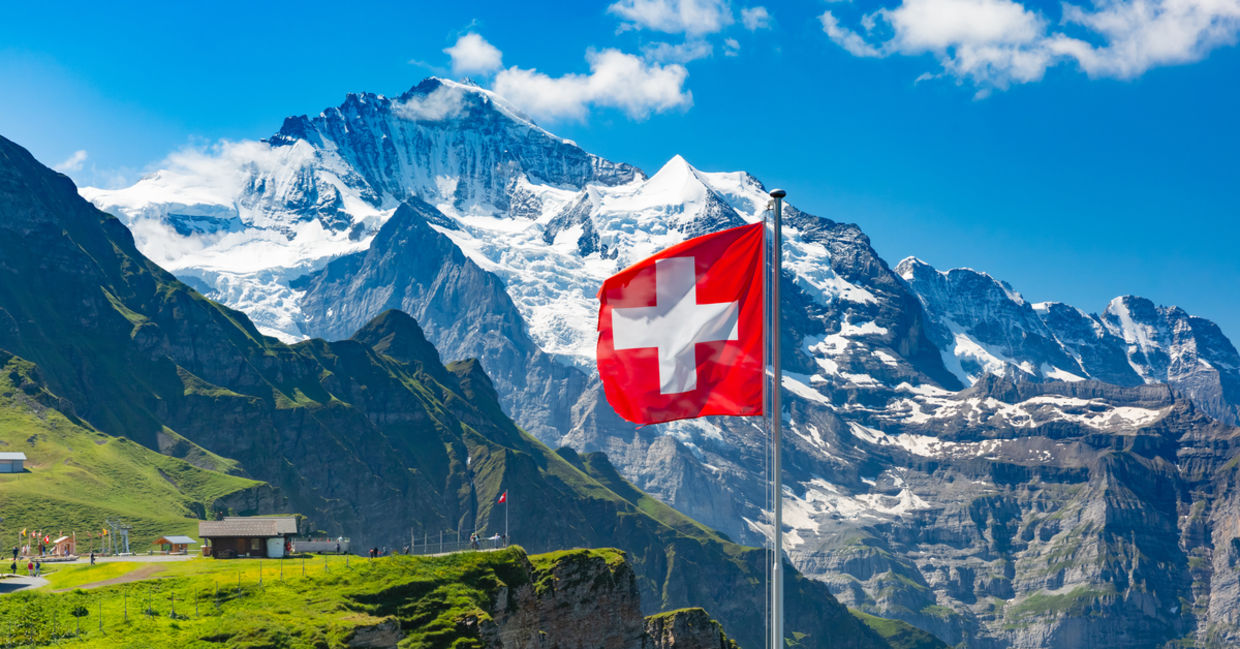 Swiss flag on the top of Mannlichen (Jungfrau region, Bern, Switzerland)