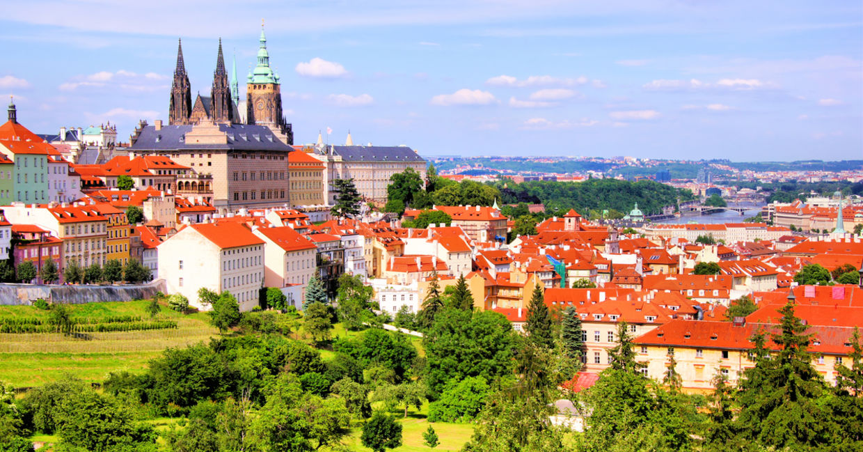 View over historic center of Prague with castle, Czech Republic
