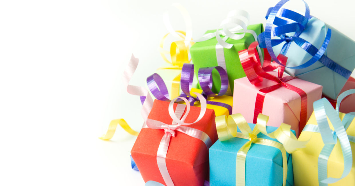 A pile of beautifully multi-colored gifts.