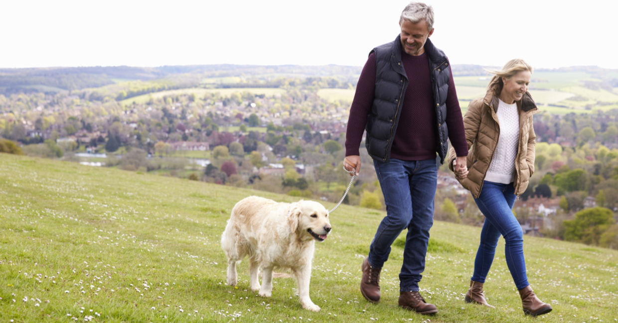A couple walking their dog.
