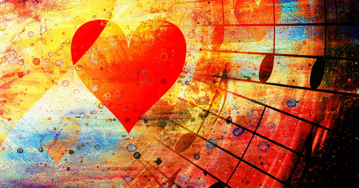 Collage with hearts and music notes, symbolizing a high frequency sound journey