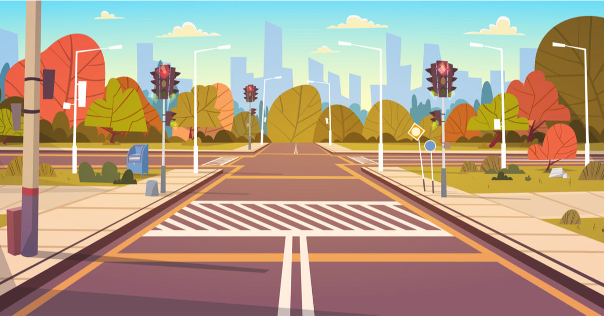 Clean street with crosswalk and traffic lights