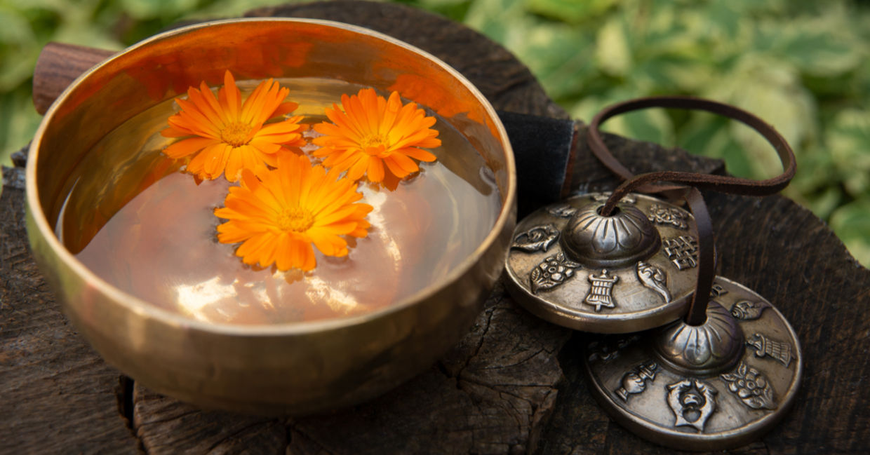 A copper singing bowl used in sound meditation.