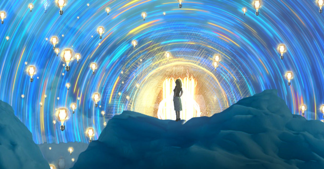 Illustration of a woman standing in a dreamlike world.