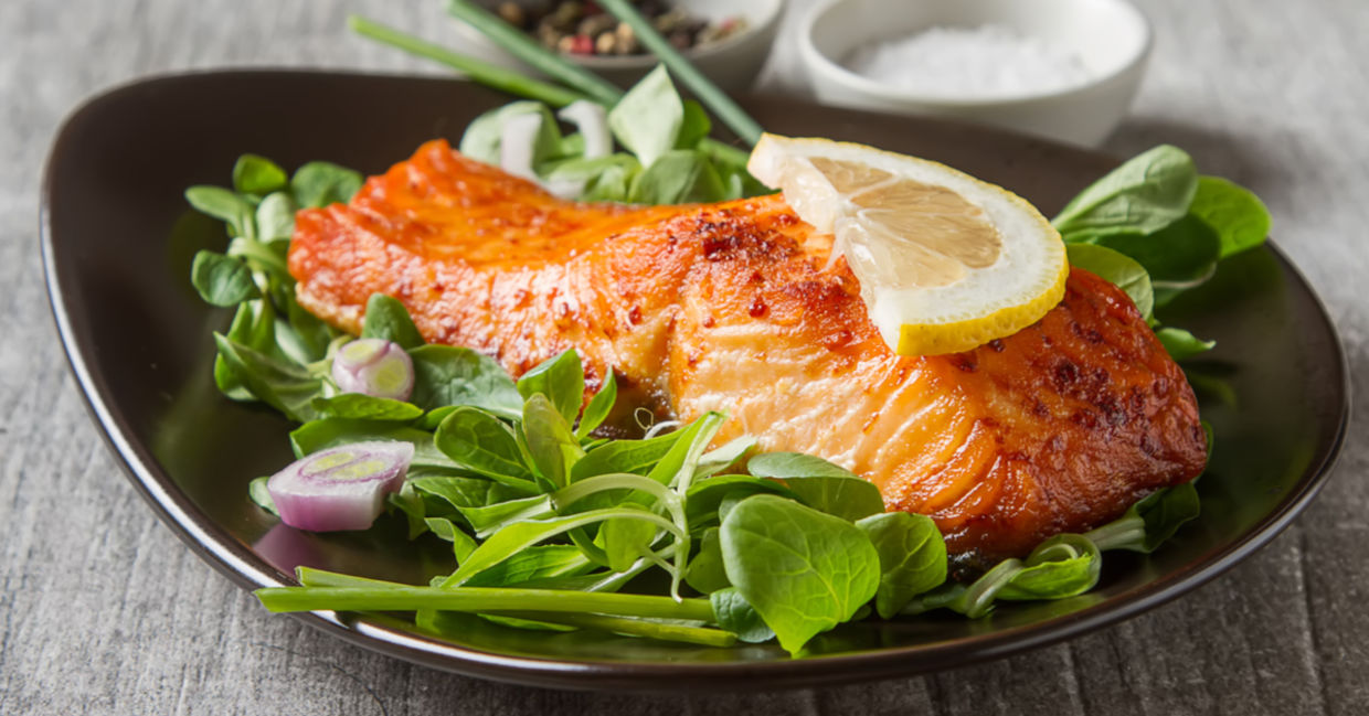 A plate of grilled salmon.