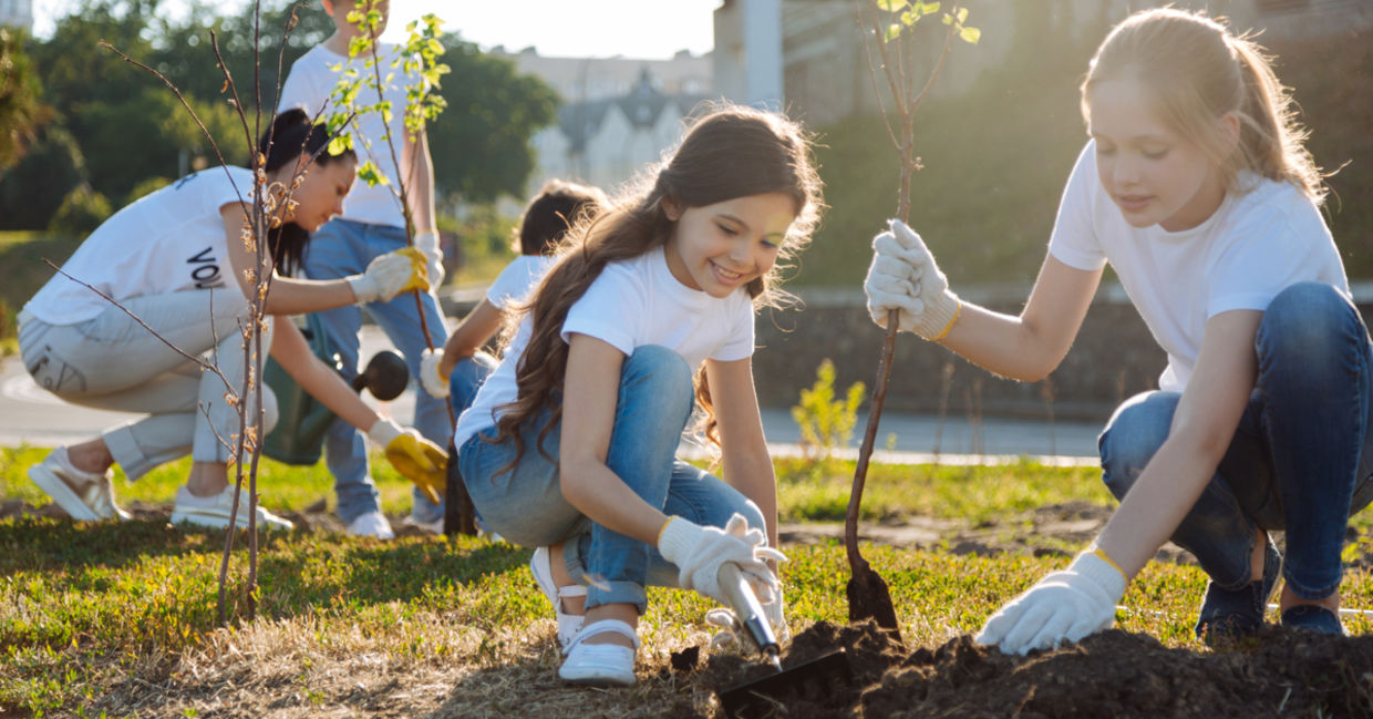 Volunteer teens planting trees.