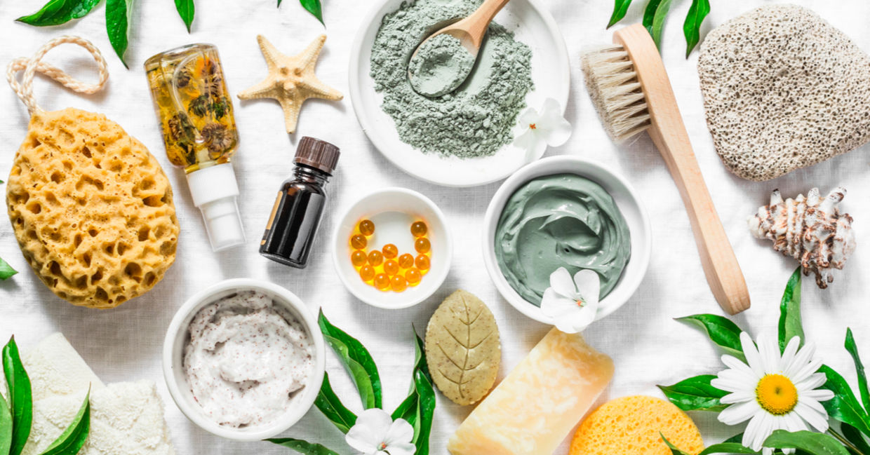 Natural, organic skin products, including vitamin E gel capsules.